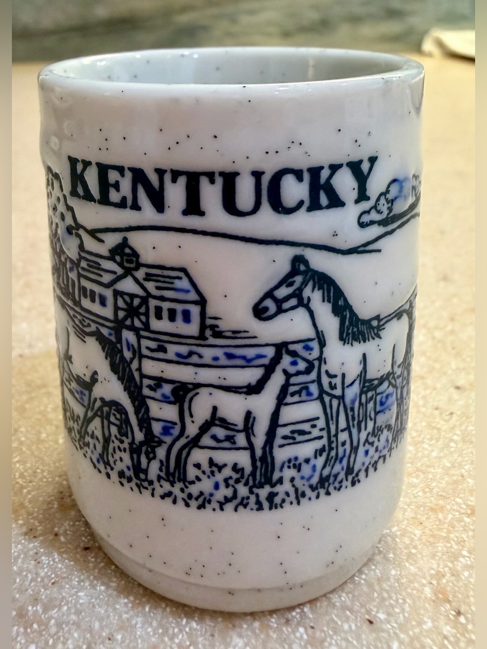 Kentucky Derby Ceramic Horses Farm Scene Toothpick Holder - White Blue Souvenir
